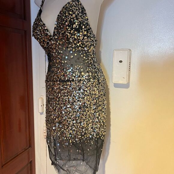 Sequence short prom dress evening event dress sequin beaded lace see thru dress - Picture 5 of 11